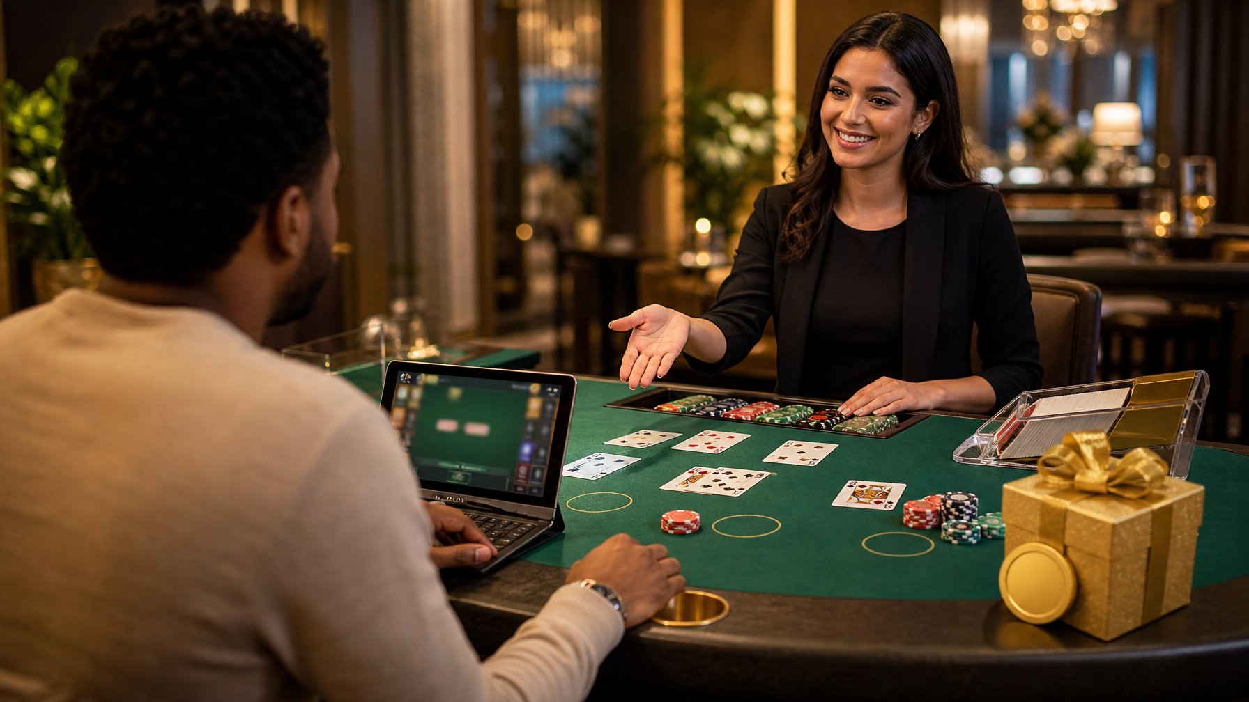 Pemain dewasa melihat meja blackjack dengan kartu, chip, dan simbol bonus di samping laptop.