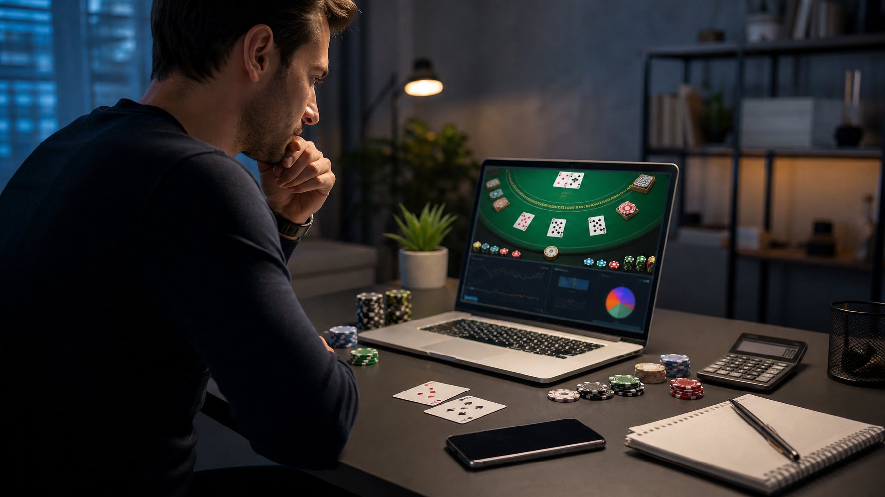 Pemain dewasa dapat menganalisis permainan blackjack dare di depan laptop dengan kartu, chip, kalkulator, dan buku catatan di meja.