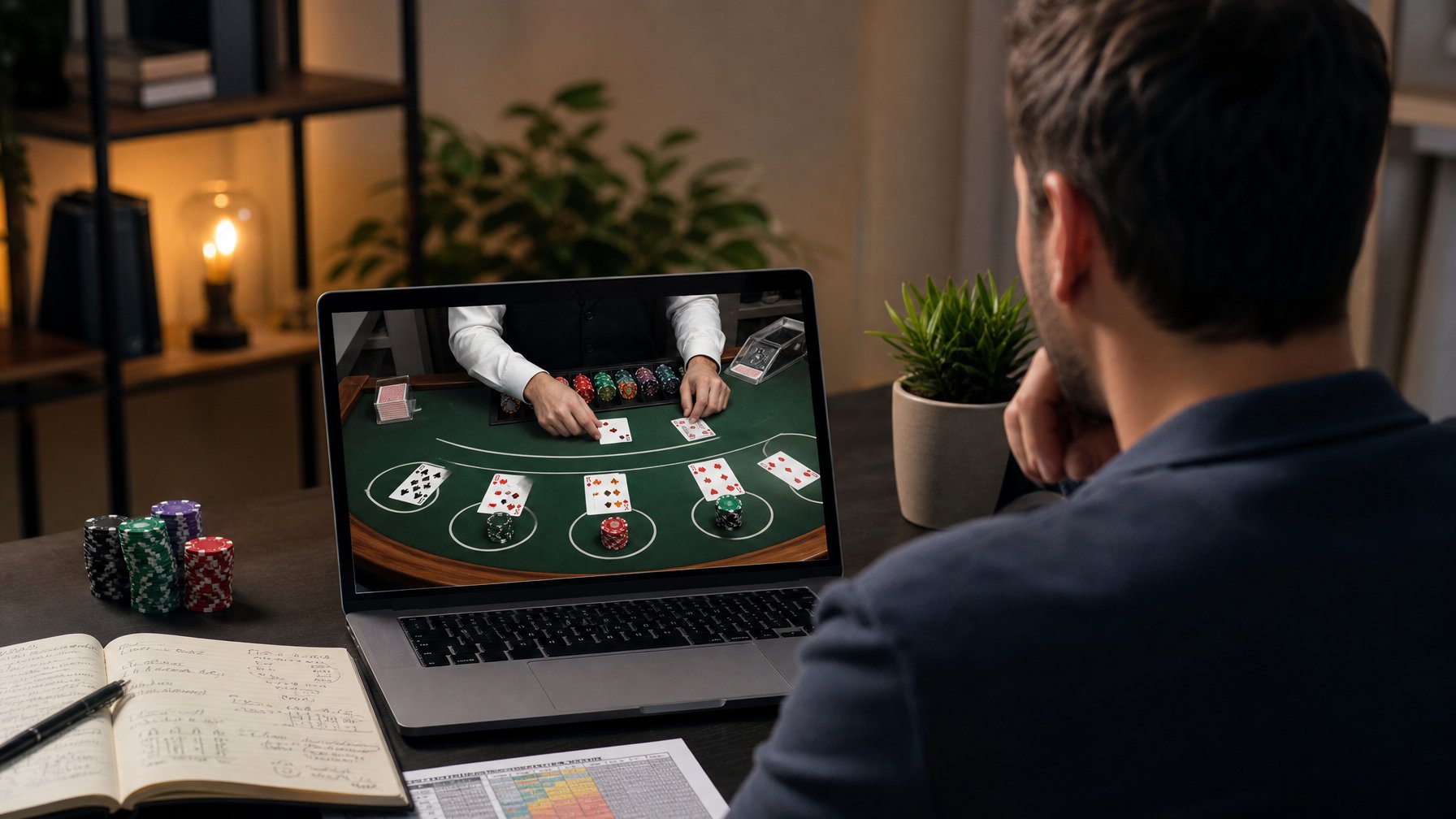 Seorang pemain mempelajari permainan blackjack dengan kartu dan chip di depan laptop.