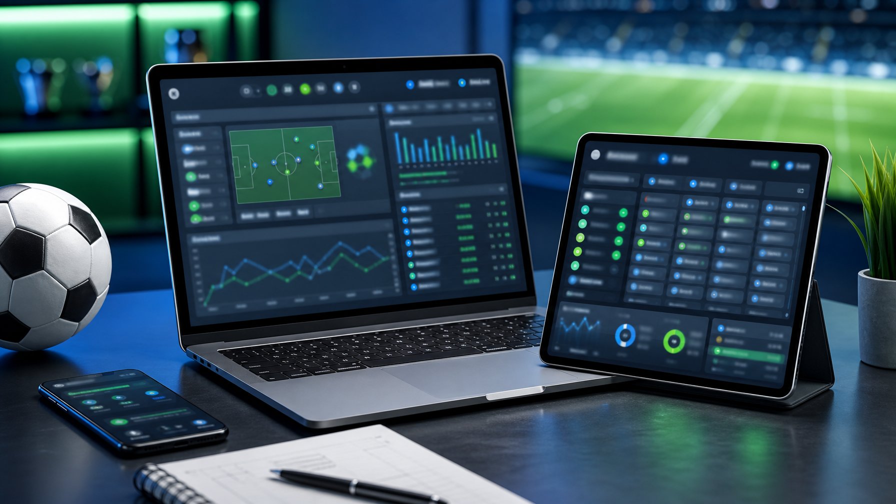 Analisis laptop dan tablet menampilkan pertandingan sepak bola dengan bola di atas meja.