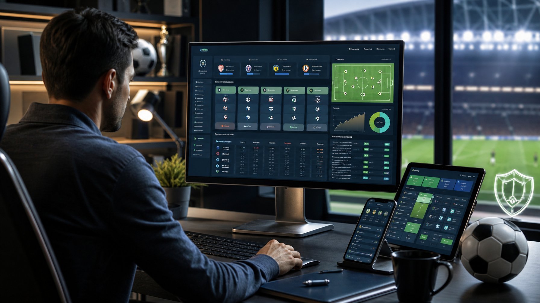 Pengguna meninjau data pertandingan sepak bola dan pilihan kombinasi taruhan pada beberapa perangkat di ruang kerja modern.