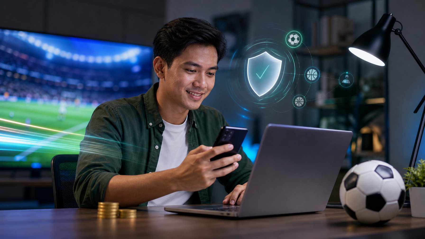 Orang dewasa menggunakan laptop dan ponsel dengan latar suasana olahraga digital yang modern.