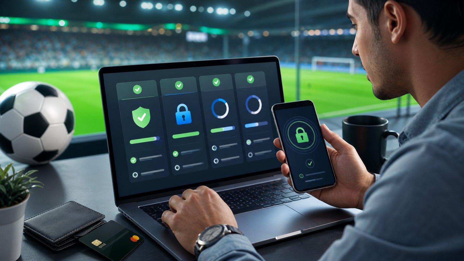 Orang dewasa membandingkan platform olahraga digital yang aman melalui laptop dan ponsel di ruang kerja modern dengan latar stadion sepak bola.