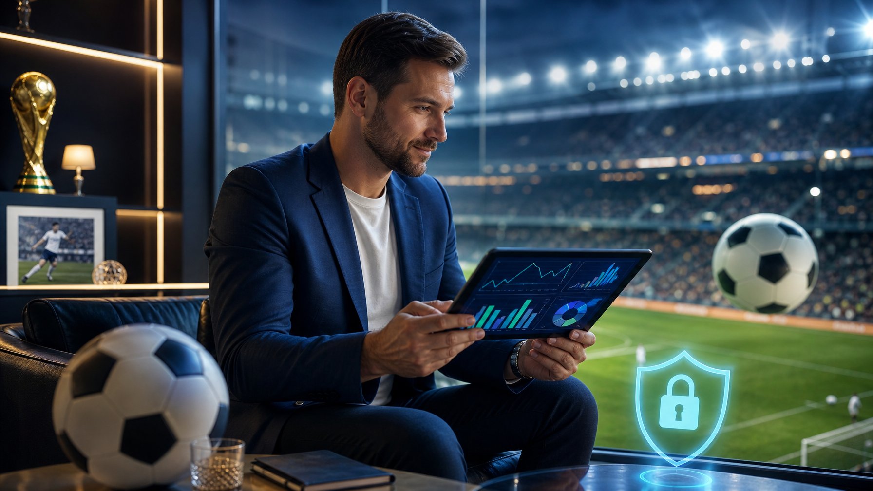 Penggemar sepak bola dewasa mempelajari statistik pertandingan di tablet di sebuah lounge olahraga modern.