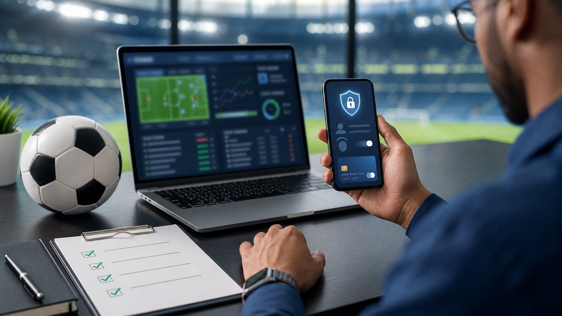 Seorang profesional meninjau platform taruhan sepak bola yang aman di meja dengan laptop, ponsel, dan bola sepak.