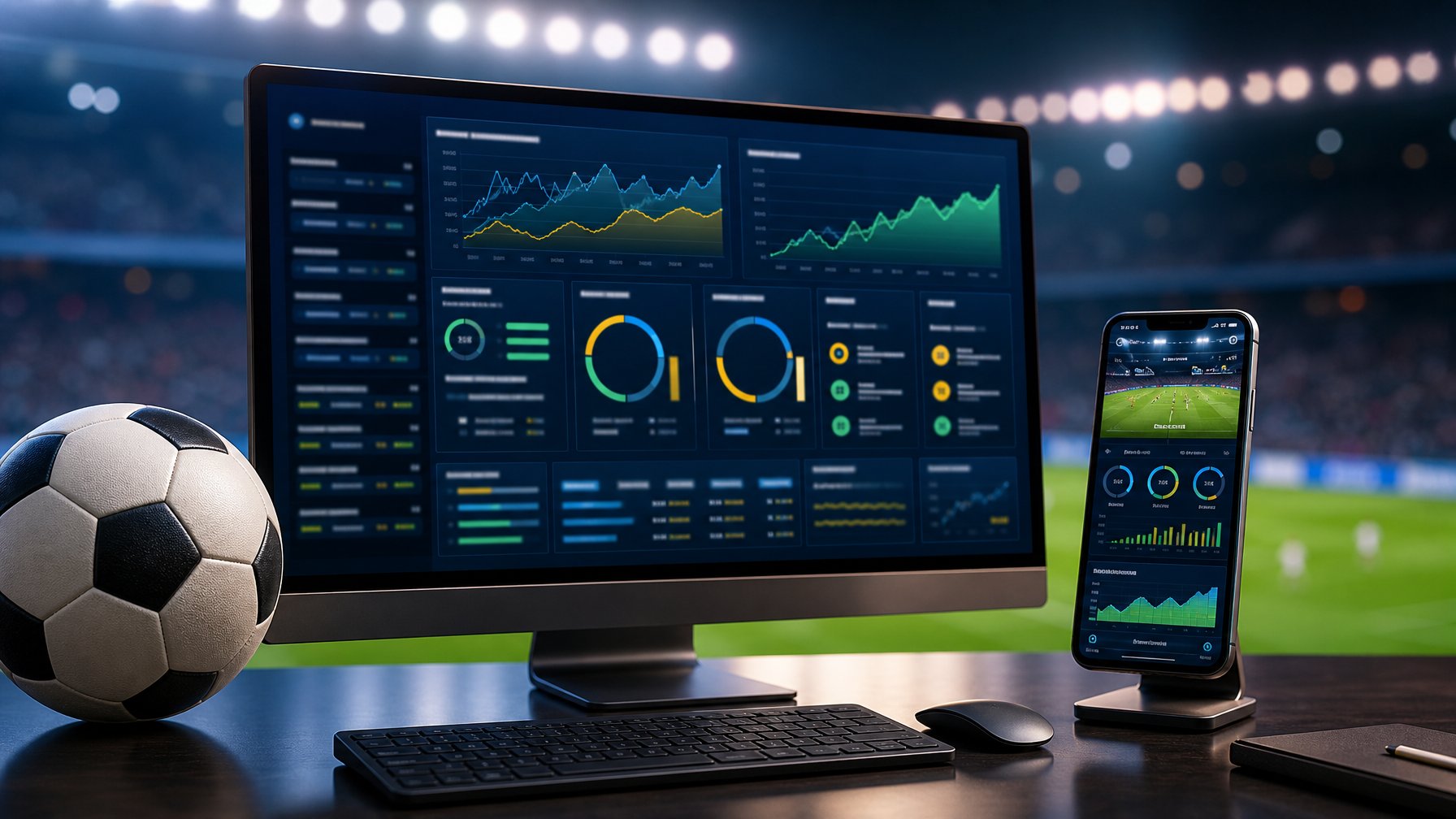 Meja kerja modern dengan bola sepak, komputer, dan ponsel yang menampilkan grafik statistik pertandingan.