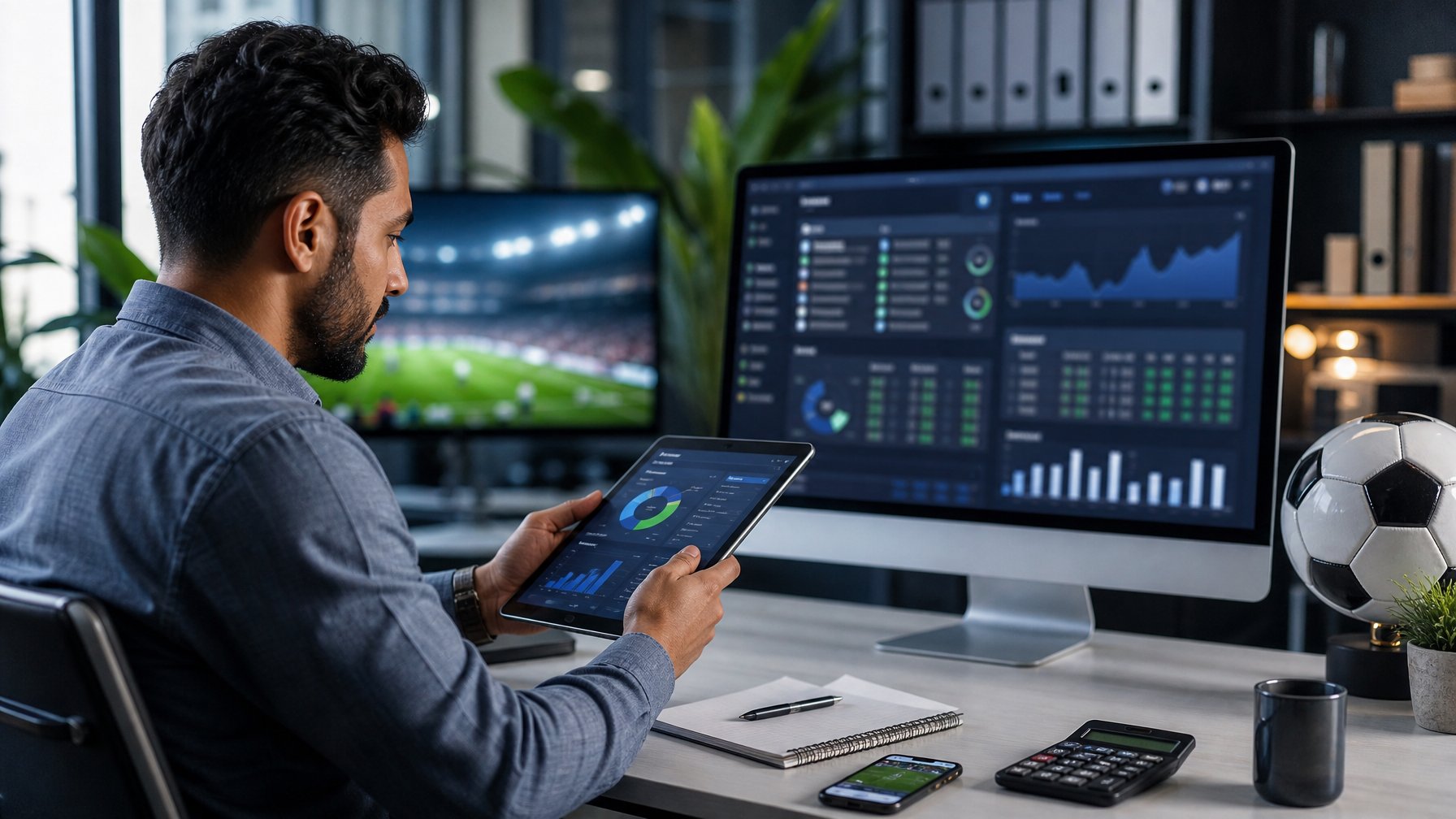 Analis meninjau data platform taruhan sepak bola di ruang kerja modern.