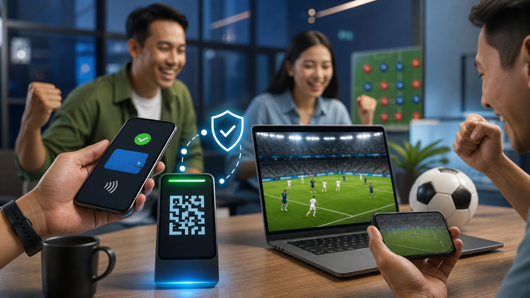 Orang dewasa menggunakan laptop dan ponsel dengan tampilan pertandingan sepak bola serta pembayaran digital yang aman.
