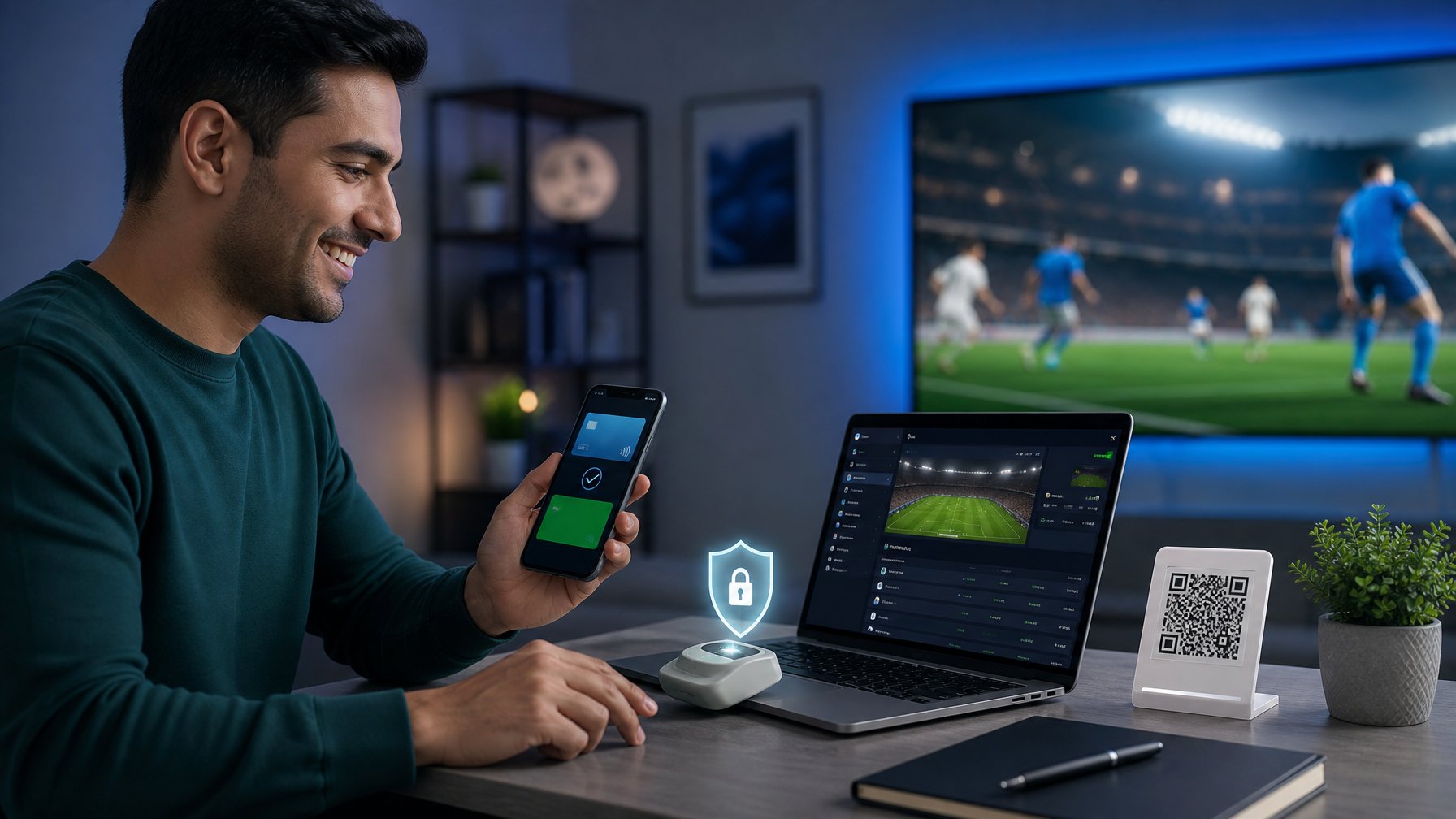 Penggemar sepak bola menggunakan laptop dan ponsel untuk mengakses platform olahraga dengan pembayaran digital yang aman.