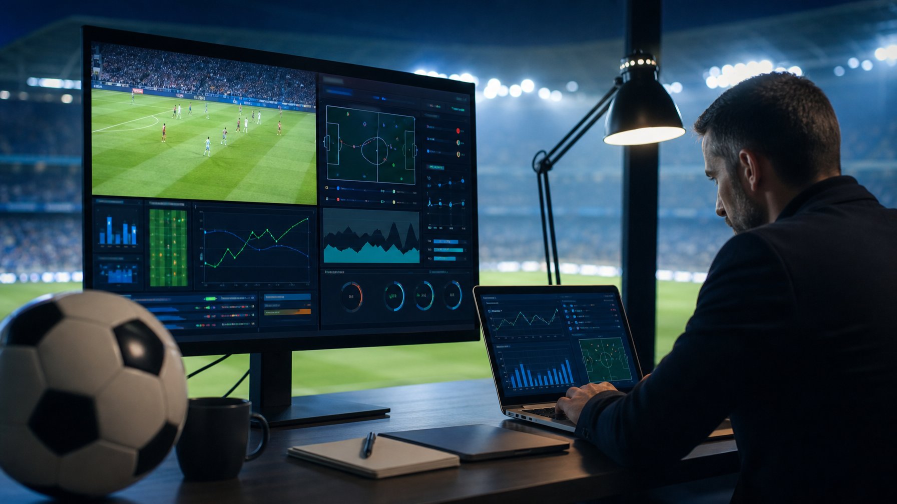Analis memeriksa data pertandingan sepak bola secara langsung di ruang kerja modern dengan bola di latar depan.