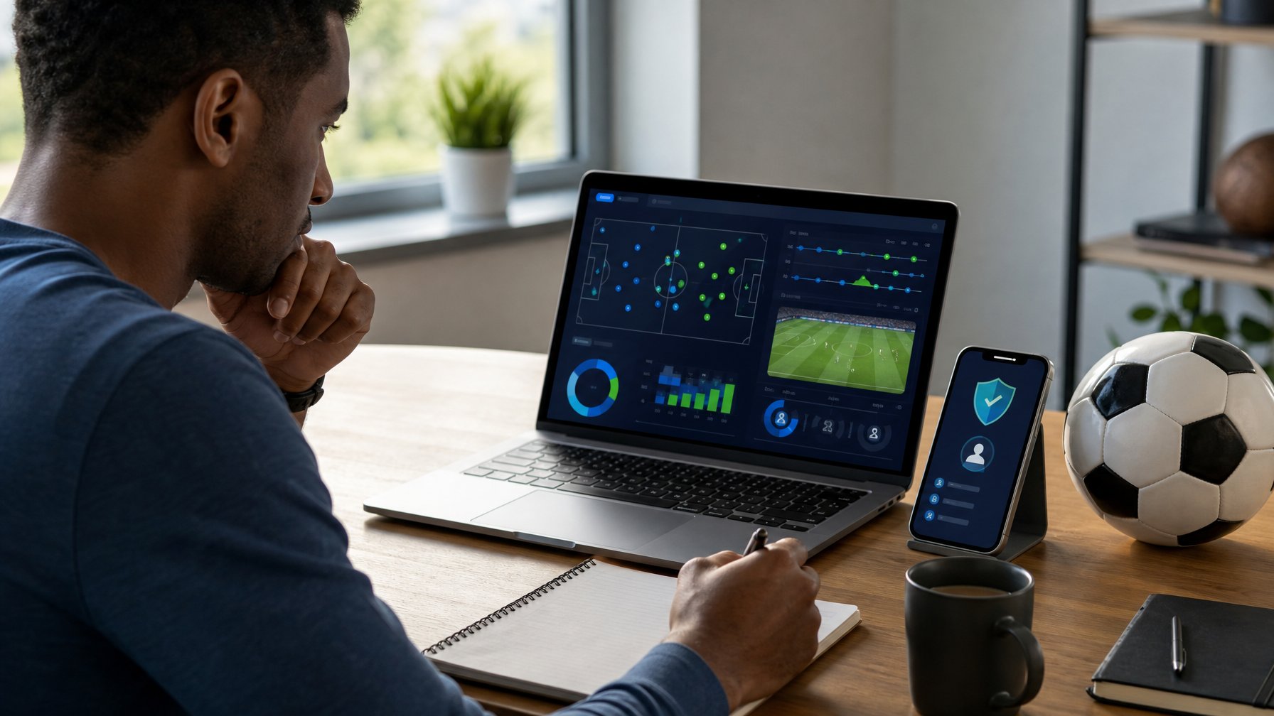 Orang dewasa meninjau dasbor data pertandingan sepak bola pada laptop dan ponsel di ruang kerja modern.