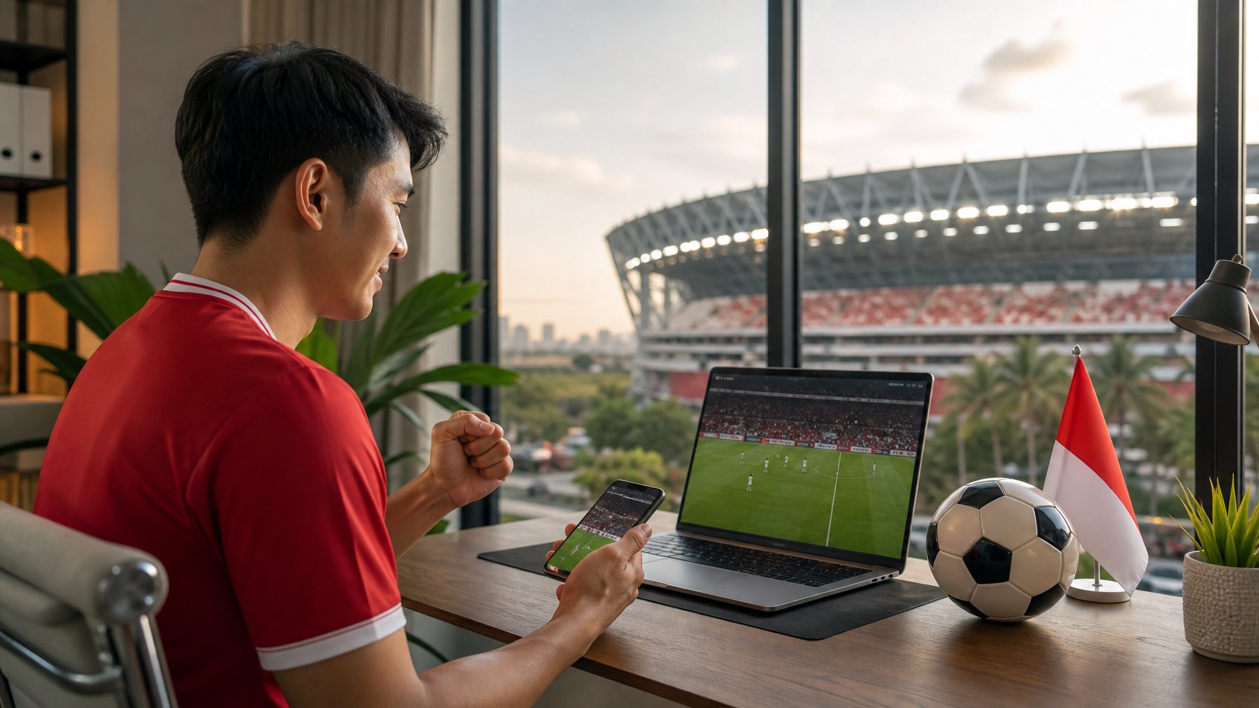 Penggemar sepak bola Indonesia menonton pertandingan di laptop dan ponsel dengan stadion sepak bola di latar belakang.