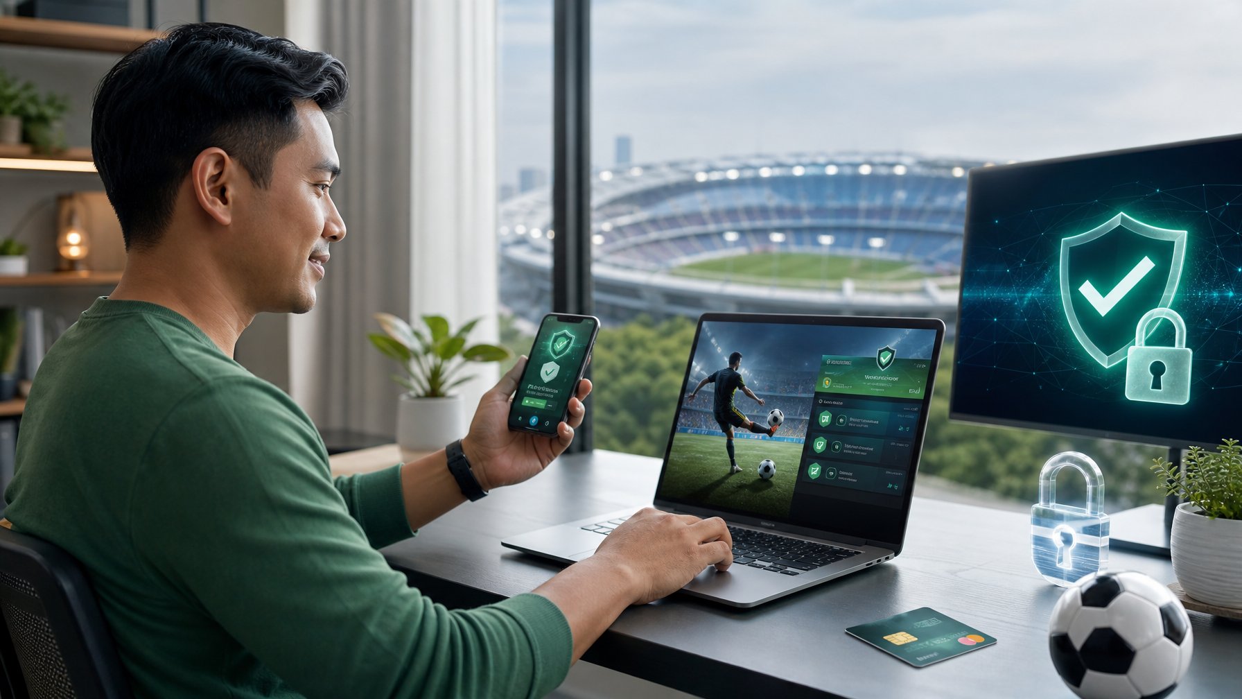 Pengguna Indonesia mengakses layanan sepak bola online yang aman dengan simbol perlindungan digital dan stadion sepak bola di latar belakang.
