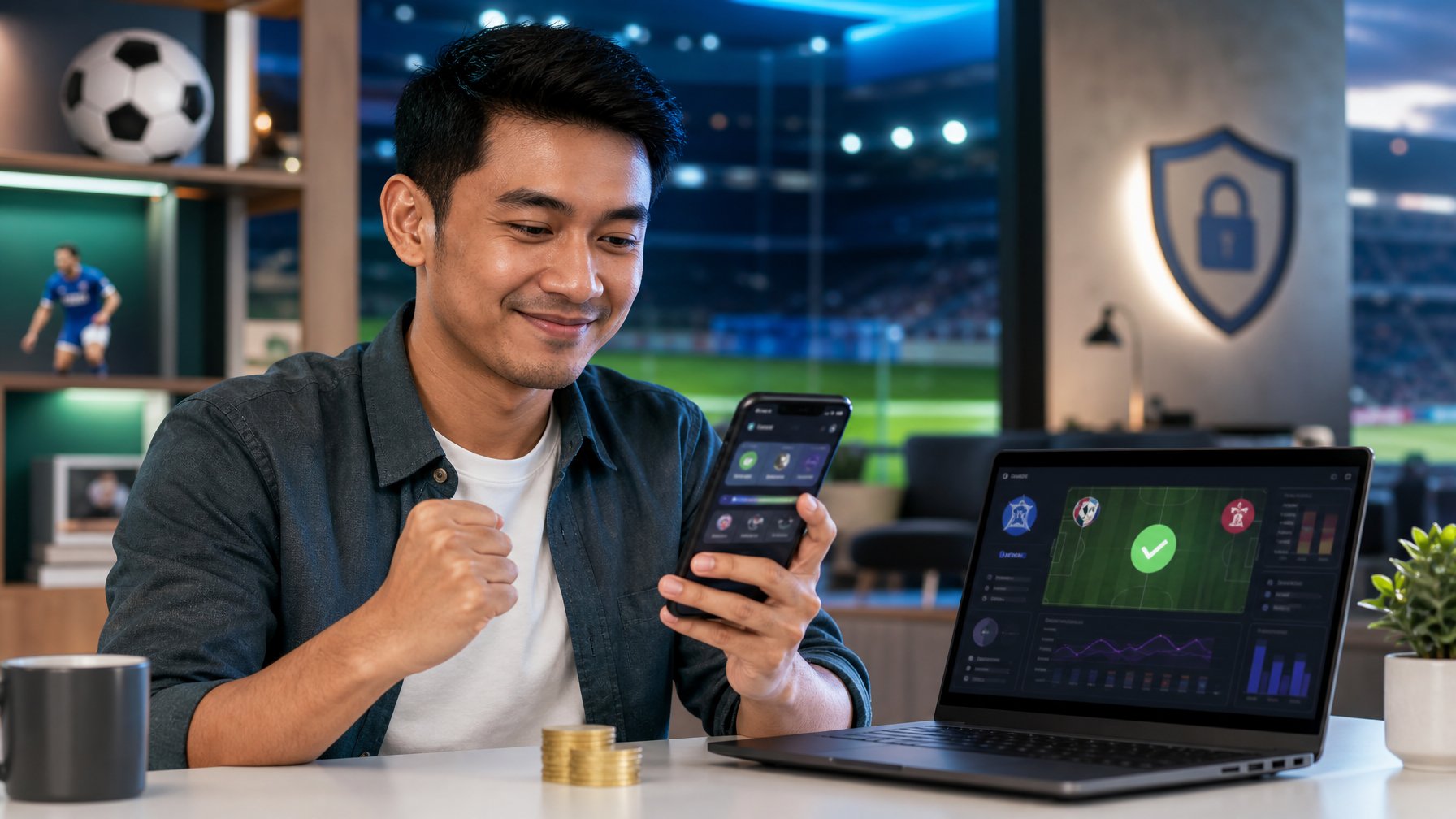 Seorang pria menggunakan ponsel dan laptop untuk melihat analisis pertandingan sepak bola di ruang kerja modern.