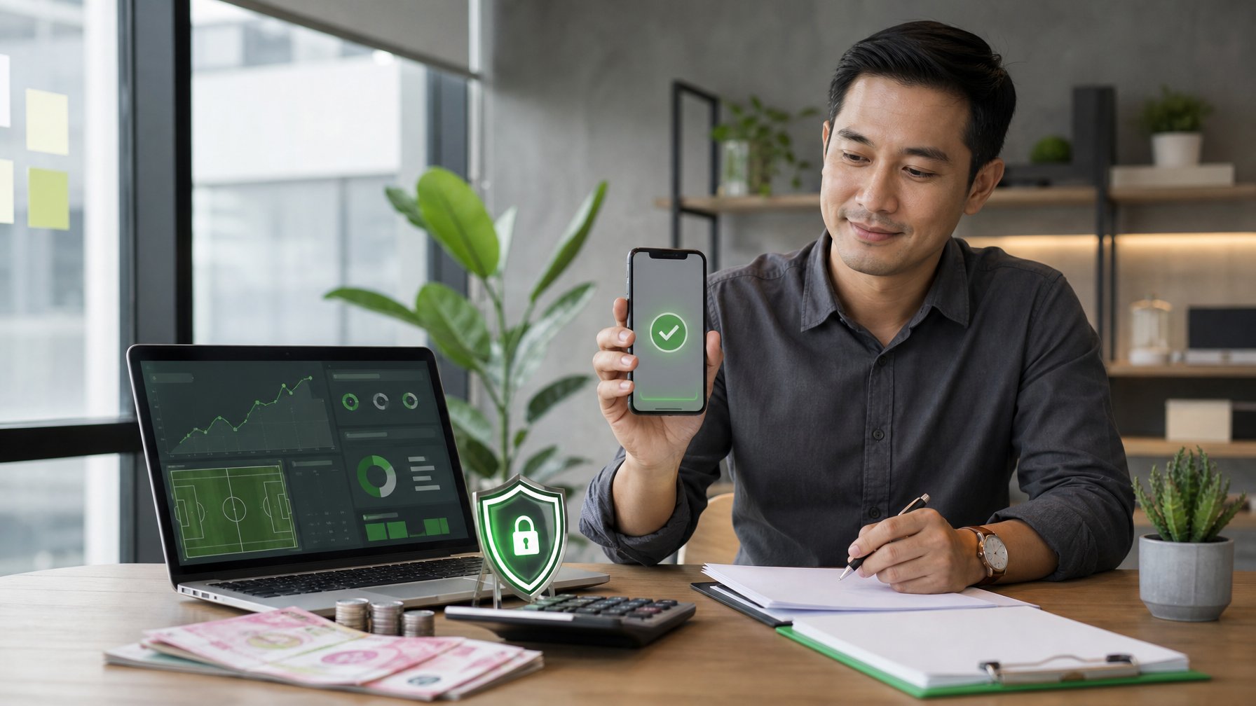 Profesional sedang meninjau informasi pembayaran digital dan dokumen keuangan di meja kerja.