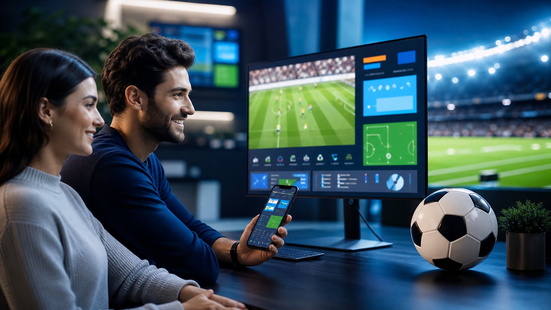 Orang dewasa mengamati perangkat digital dengan tampilan olahraga sepak bola, ditemani bola di meja dan latar stadion.