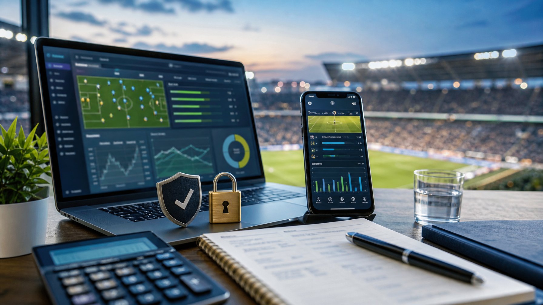 Laptop dan ponsel menampilkan statistik sepak bola di meja kerja dengan simbol keamanan dan latar stadion yang buram.