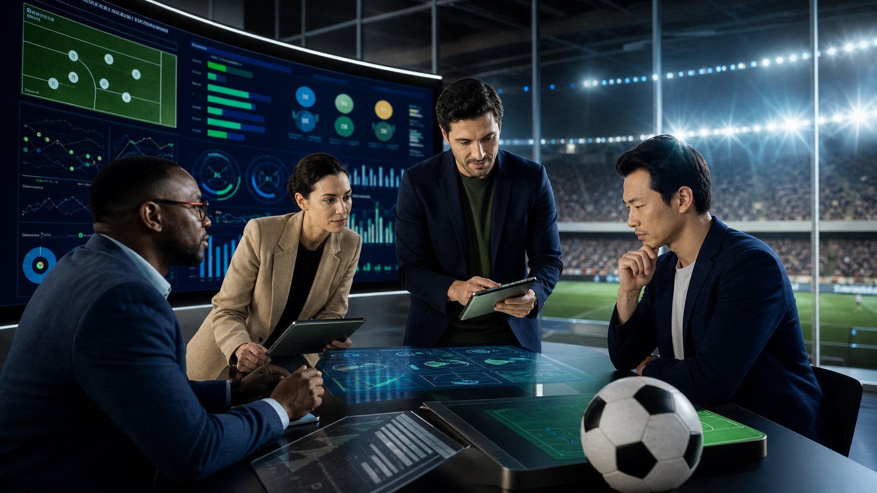 Analis olahraga mempelajari data pertandingan sepak bola di studio modern dengan latar stadion.