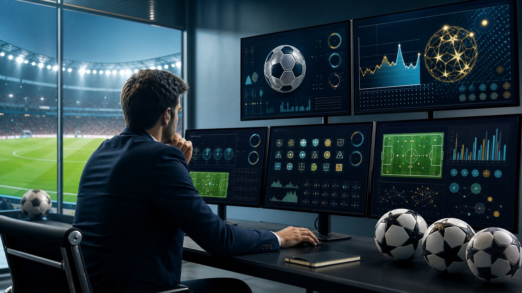 Ruang kerja analisis sepak bola dengan layar statistik dan lapangan hijau di latar belakang.
