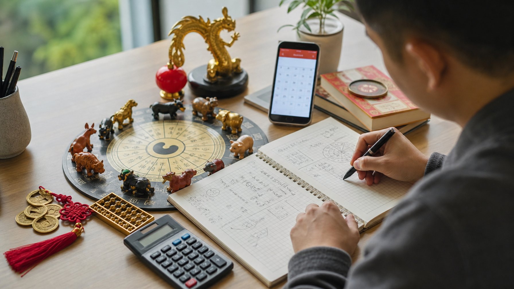 Seorang pemula mempelajari perhitungan angka dengan kalkulator, catatan, dan simbol zodiak di meja kerja.