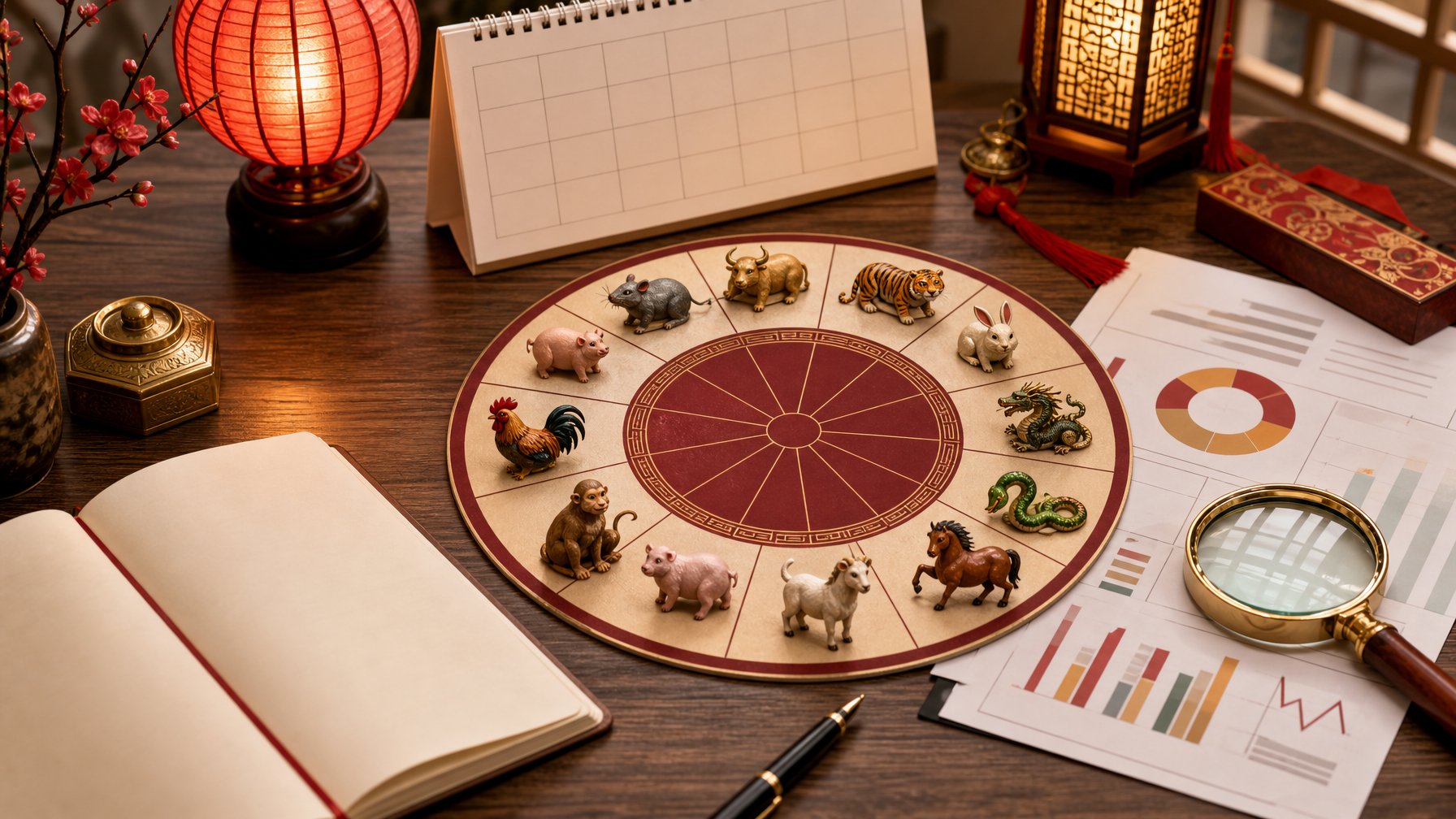 Meja dengan roda zodiak Tionghoa, patung dua belas hewan, kalender kosong, dan alat tulis.