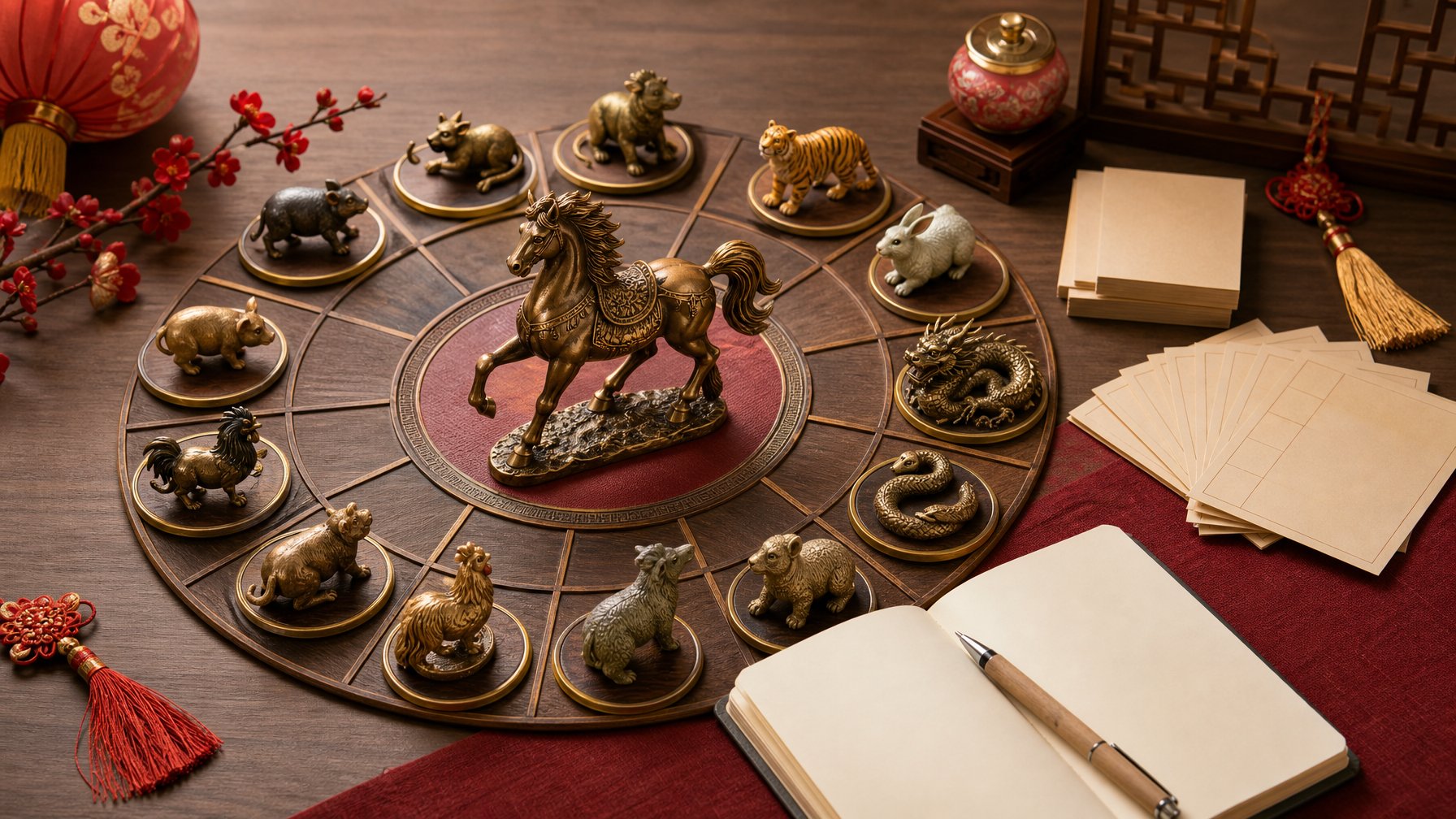 Susunan simbol zodiak Tionghoa dengan patung kuda, kalender kosong, dan ornamen bernuansa merah keemasan di atas meja.