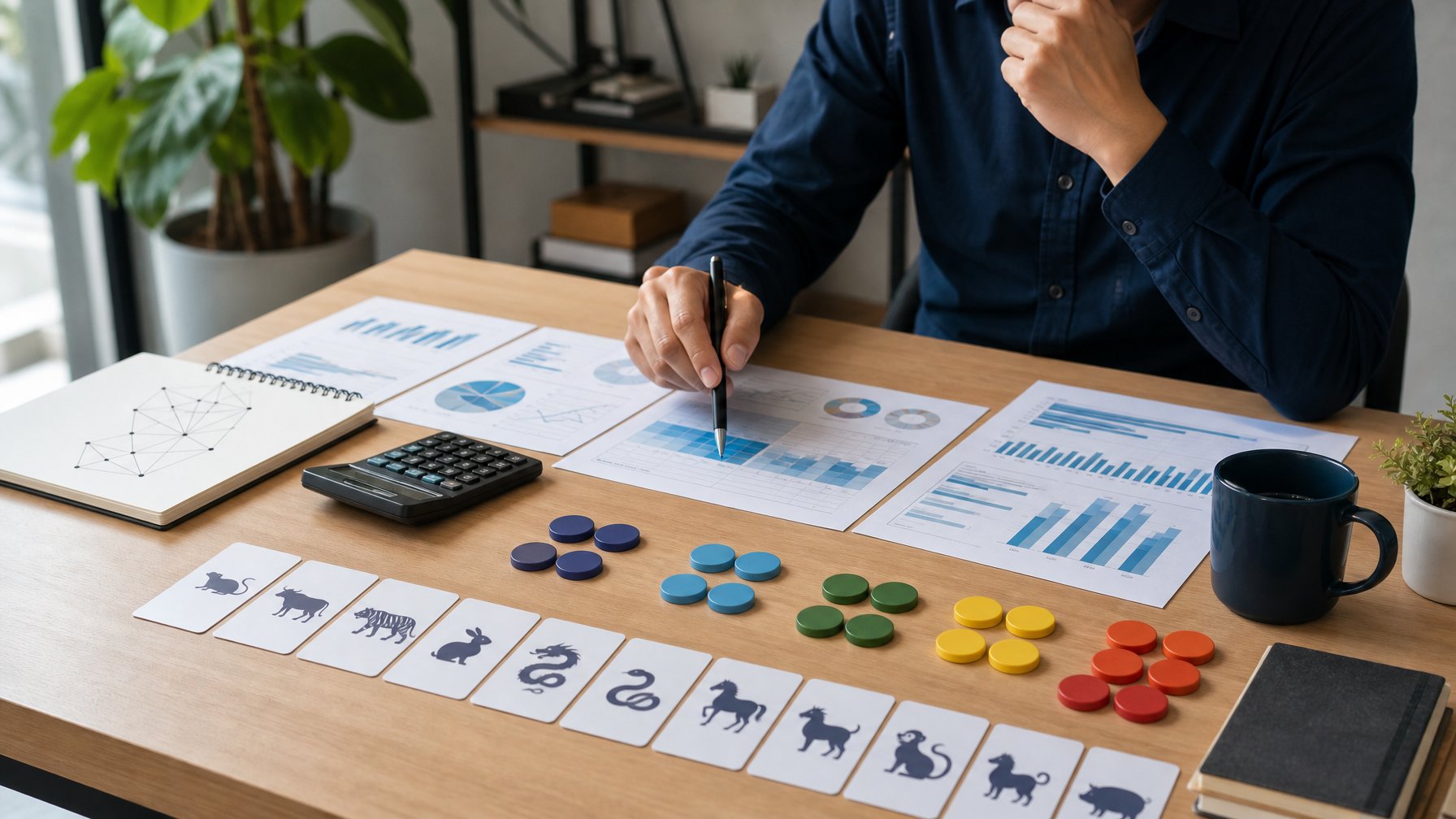 Seorang analis mempelajari grafik peluang dan susunan token di atas meja kerja.