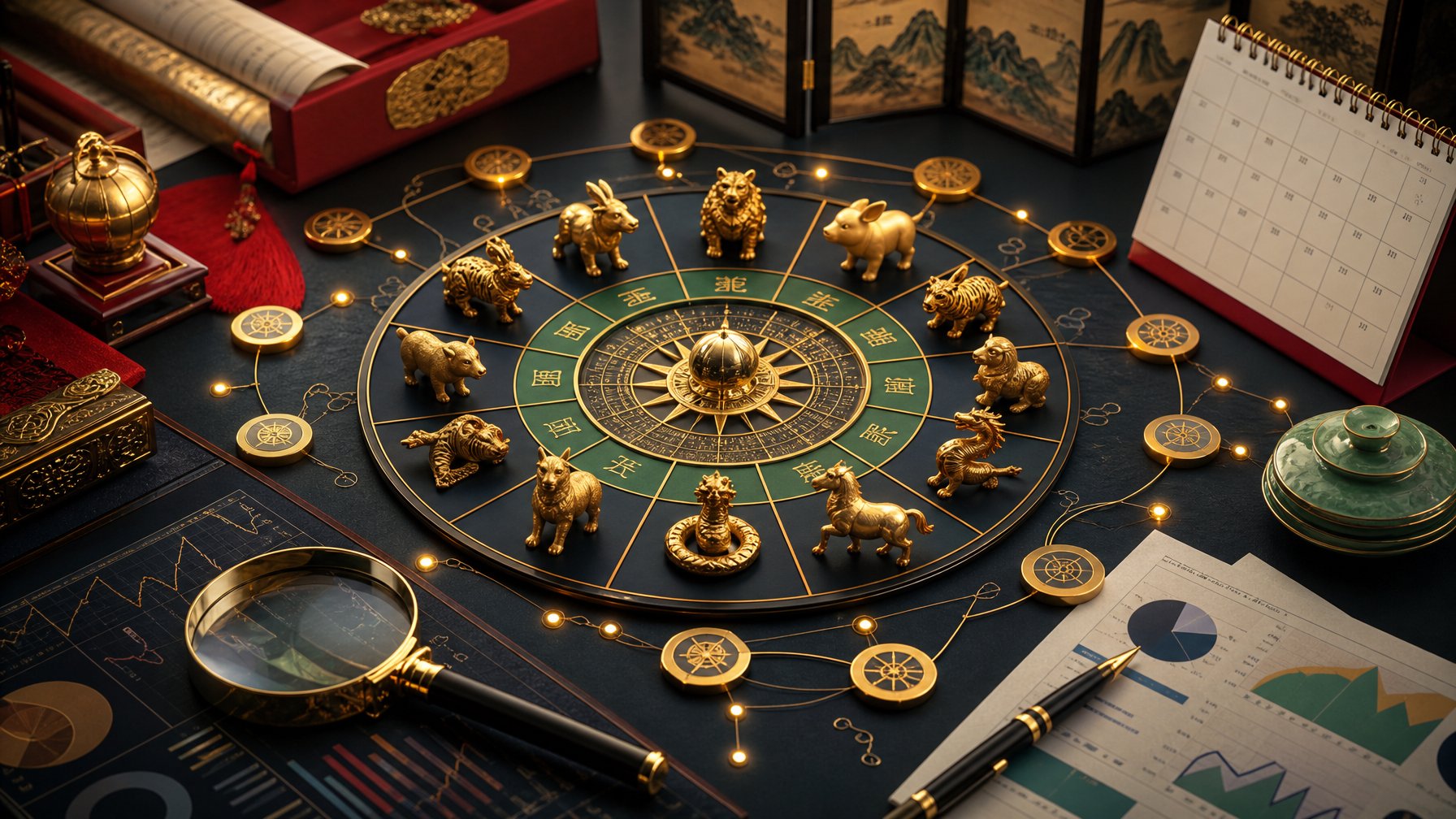 Roda zodiak Tionghoa dengan figur hewan, token emas, dan jalur bercabang di atas meja.