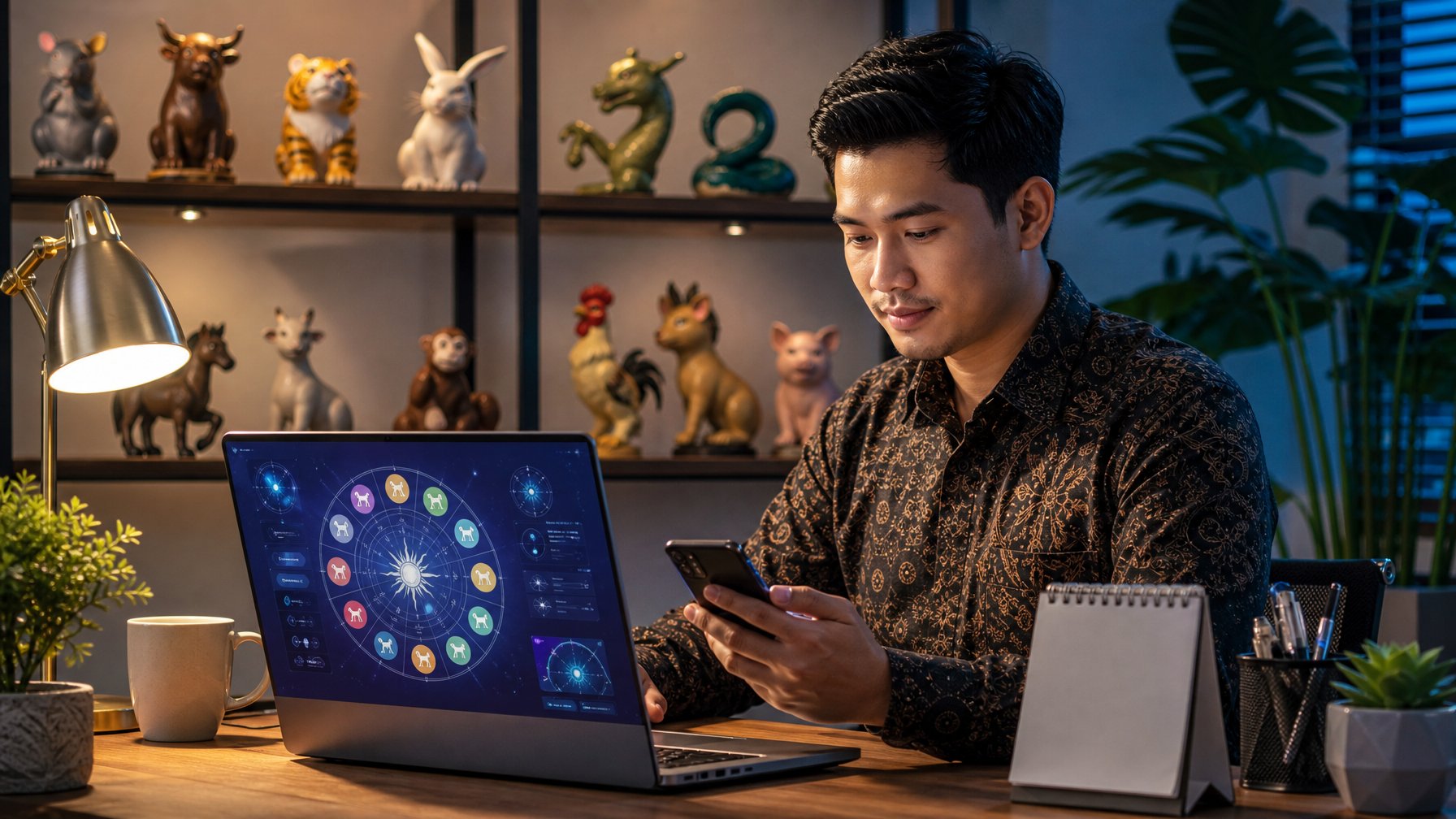 Seseorang menggunakan laptop dan ponsel di ruang kerja modern dengan simbol-simbol shio di malam hari.