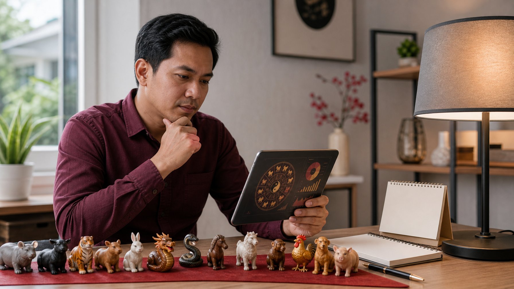 Seseorang meninjau simbol zodiak Tionghoa di meja kerja dengan sikap penuh pertimbangan.