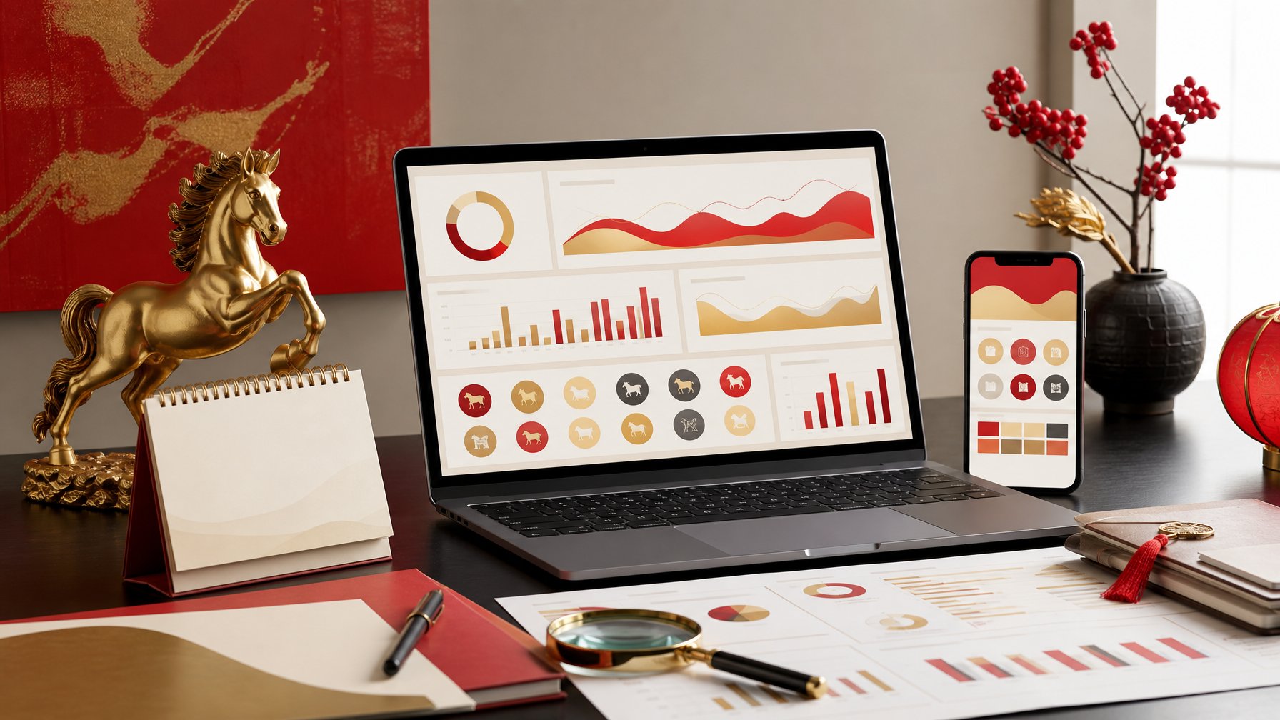 Laptop dan ponsel menampilkan antarmuka abstrak dengan dekorasi zodiak kuda, kalender kosong, serta dokumen dan grafik yang tertata di atas meja.