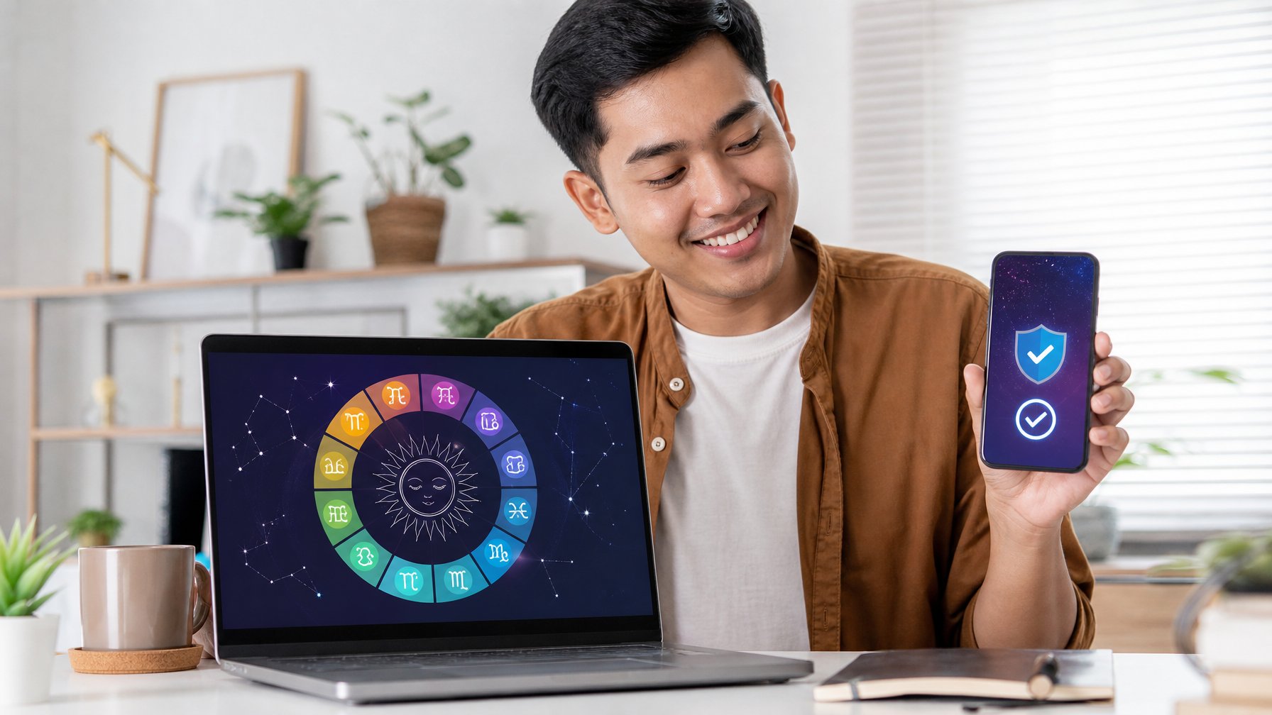 Orang dewasa tersenyum menggunakan laptop dan ponsel dengan simbol zodiak serta tanda pembayaran berhasil.