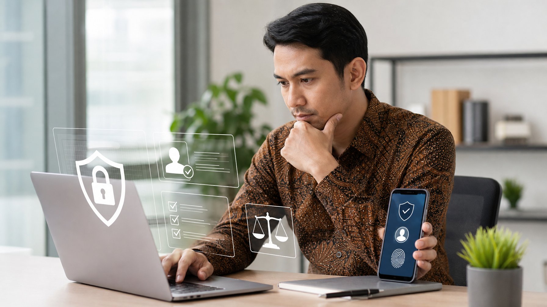 Seorang profesional meninjau keamanan platform digital di laptop dengan simbol perisai dan gembok.