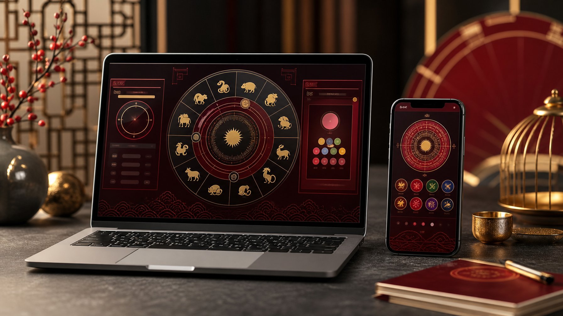 Laptop dan ponsel menampilkan simbol-simbol zodiak dalam suasana meja modern.