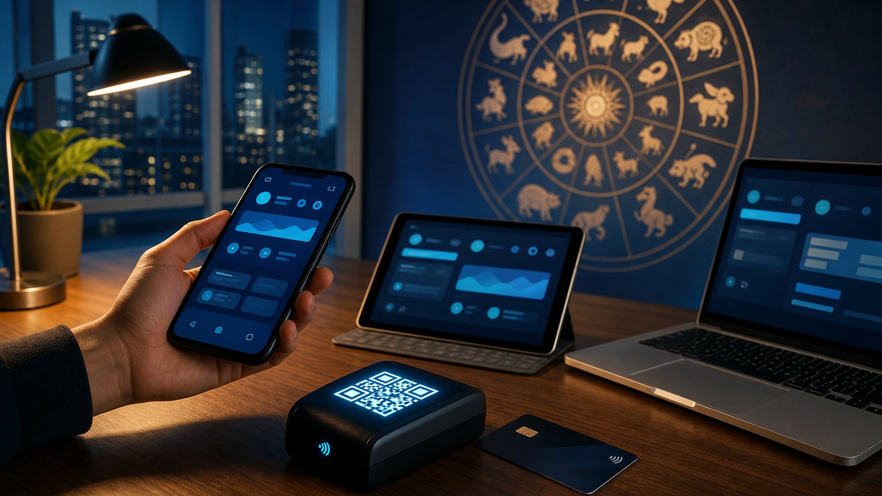 Meja kerja modern dengan ponsel, tablet, laptop, dan perangkat pembayaran digital di ruang yang terang pada malam hari.