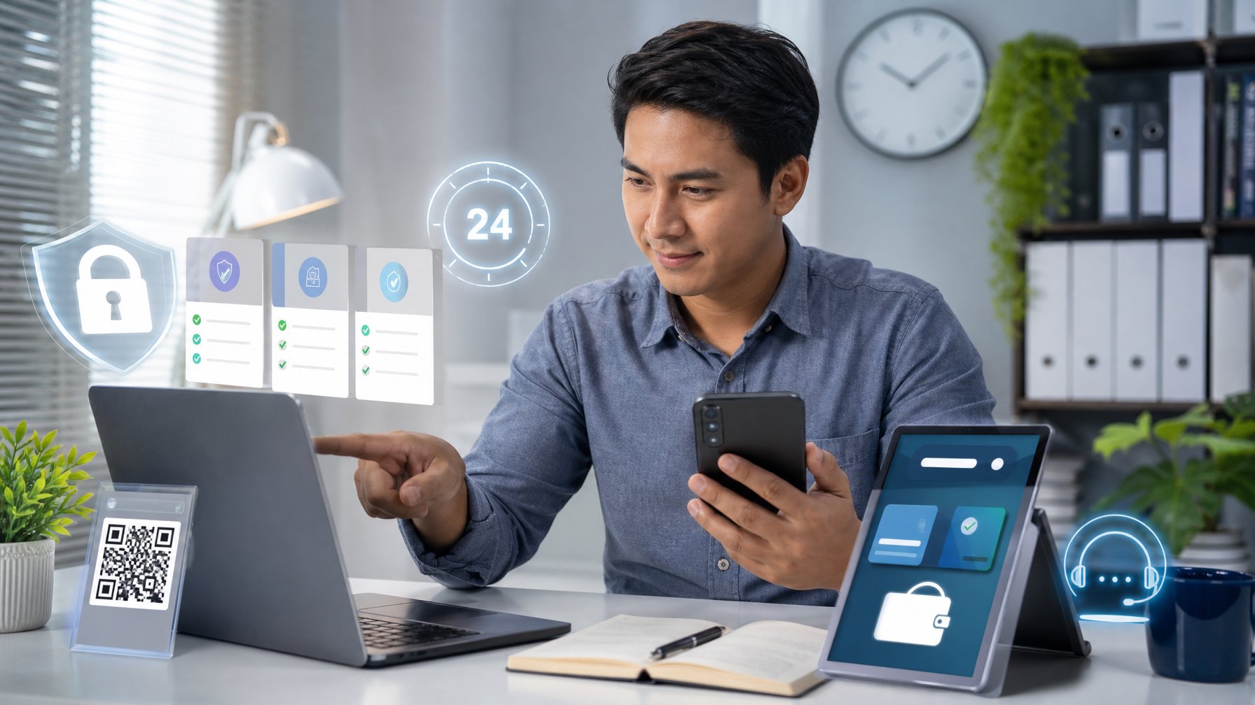 Seseorang membandingkan beberapa platform digital resmi dengan simbol keamanan dan pembayaran elektronik di ruang kerja modern.