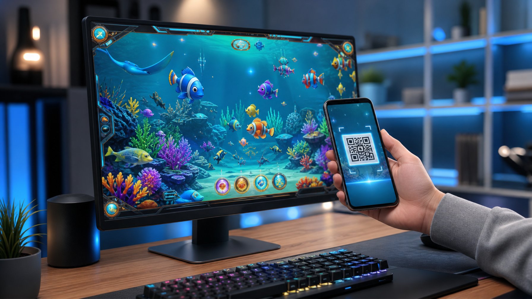 Monitor menampilkan permainan arcade bawah laut dan ponsel menampilkan pemindaian kode QR di atas meja modern.