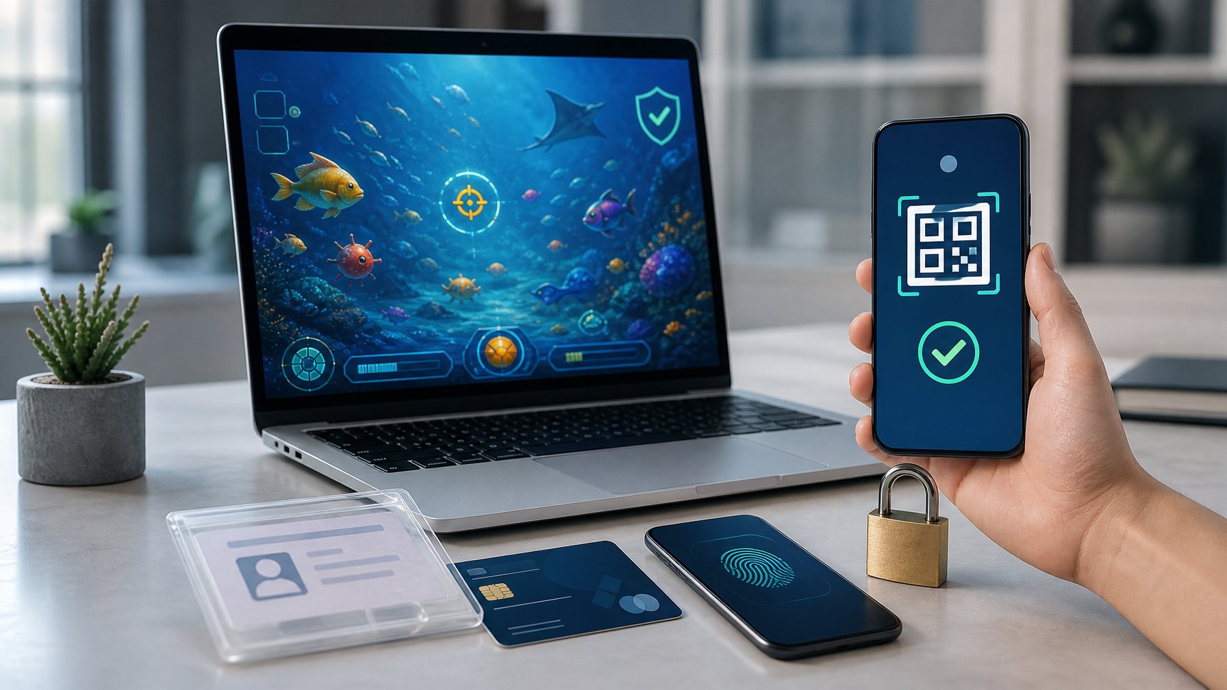 Laptop dan ponsel menampilkan permainan ikan serta pembayaran QR dengan simbol keamanan dan verifikasi.