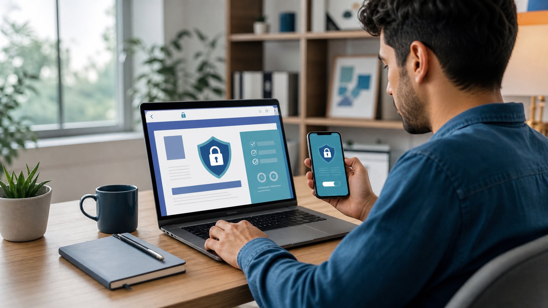 Seseorang memeriksa akses situs aman di laptop dengan simbol gembok dan perisai keamanan.
