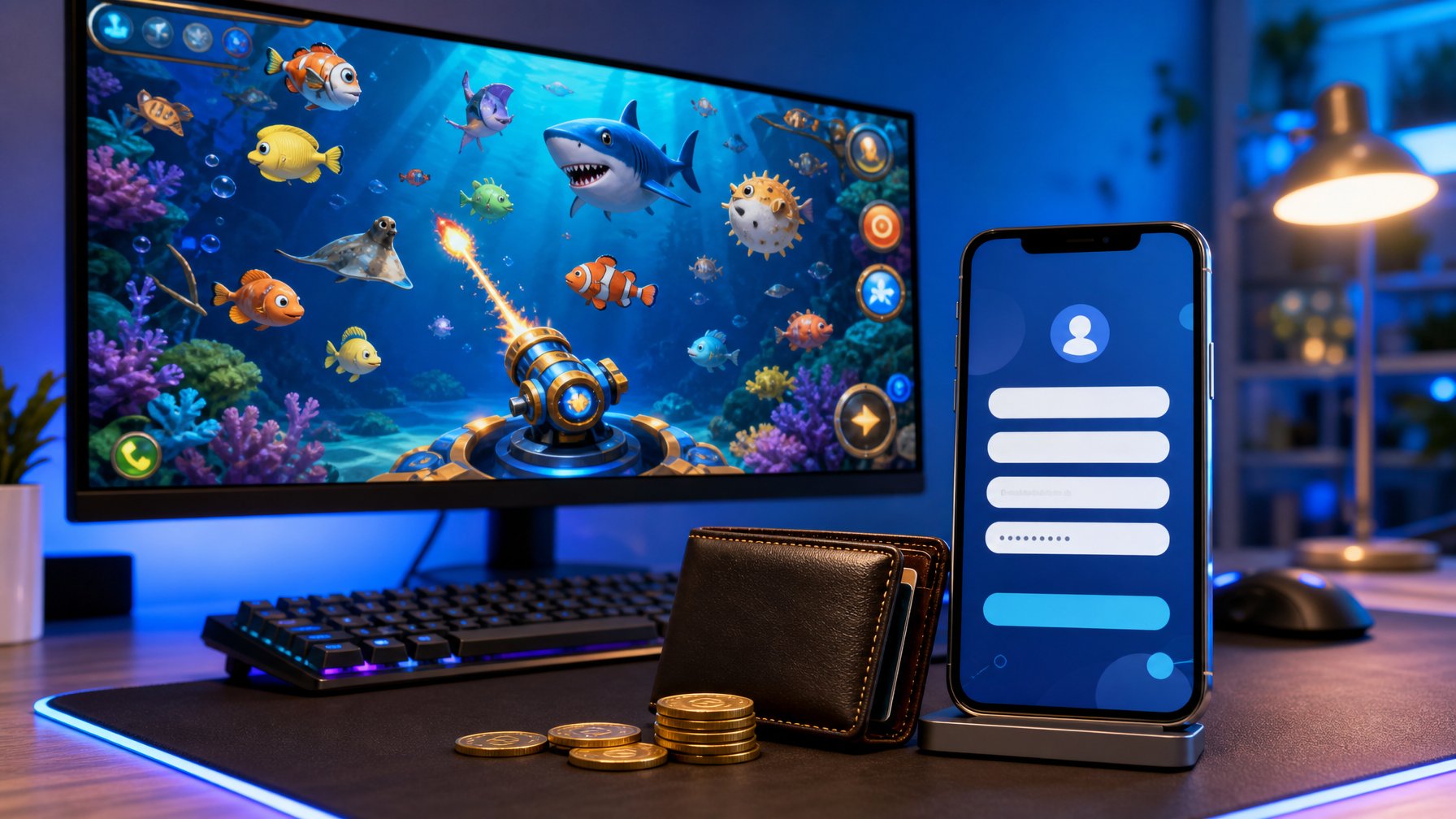 Meja gaming modern dengan monitor yang menampilkan permainan memancing bawah laut dan ponsel di samping dompet serta koin.