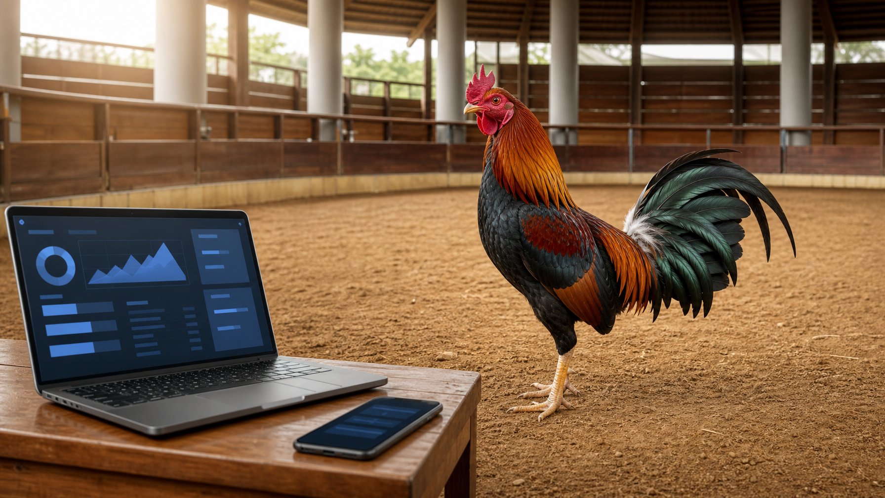 Seekor ayam jago berdiri di arena yang rapi dengan laptop dan ponsel di kawasan yang luas.