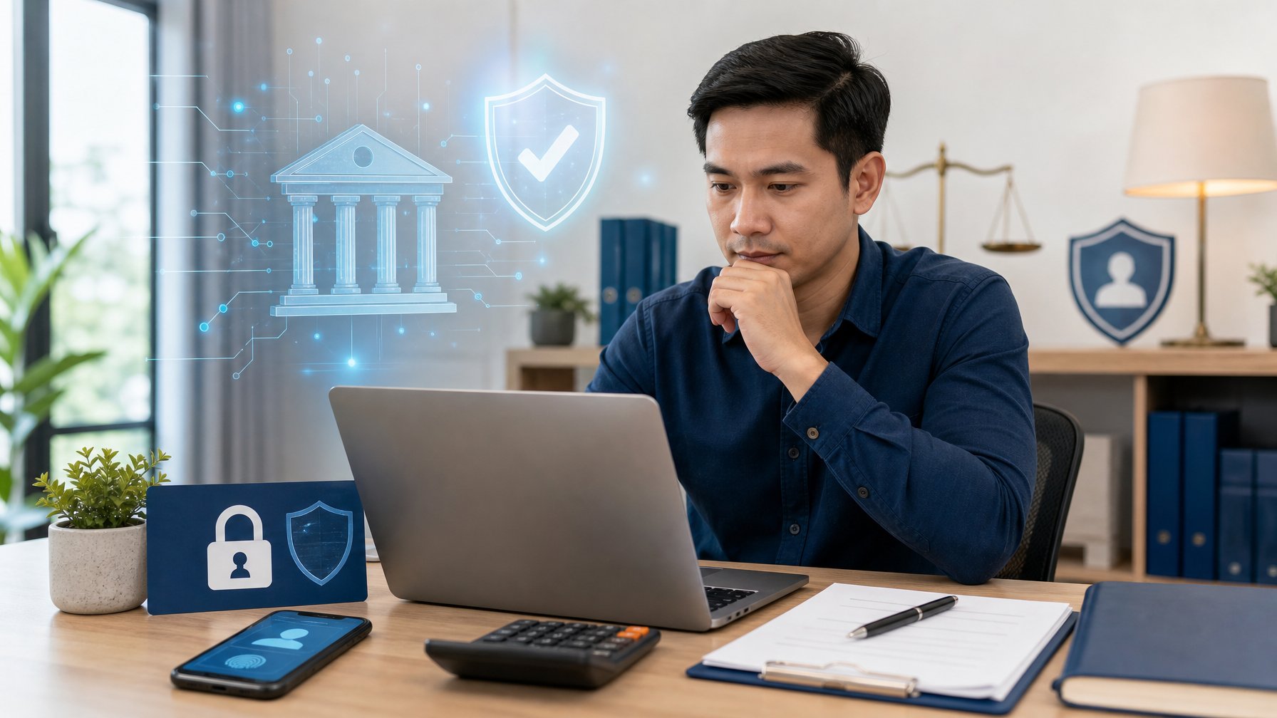 Seorang pengguna dewasa meninjau informasi keamanan dan perlindungan data di laptop dengan simbol gembok dan perisai di meja.