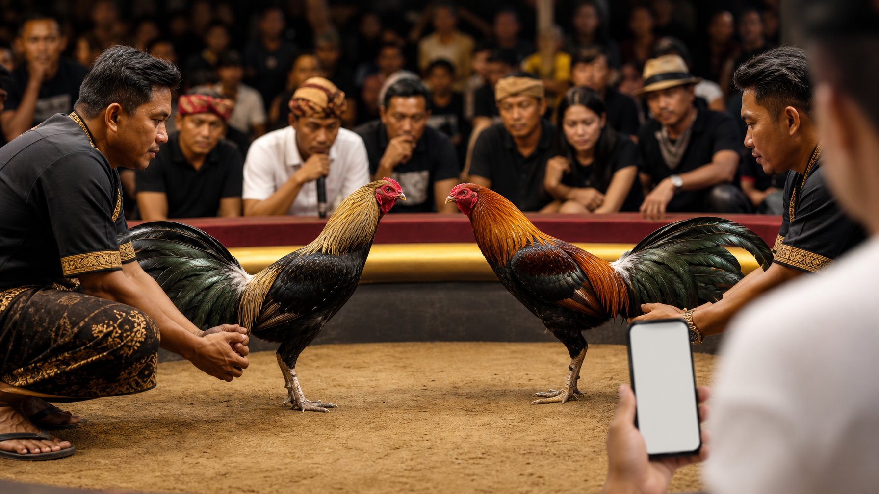 Dua ayam jantan terawat ditampilkan oleh pawang di arena tradisional yang bersih dengan suasana penonton yang tenang.