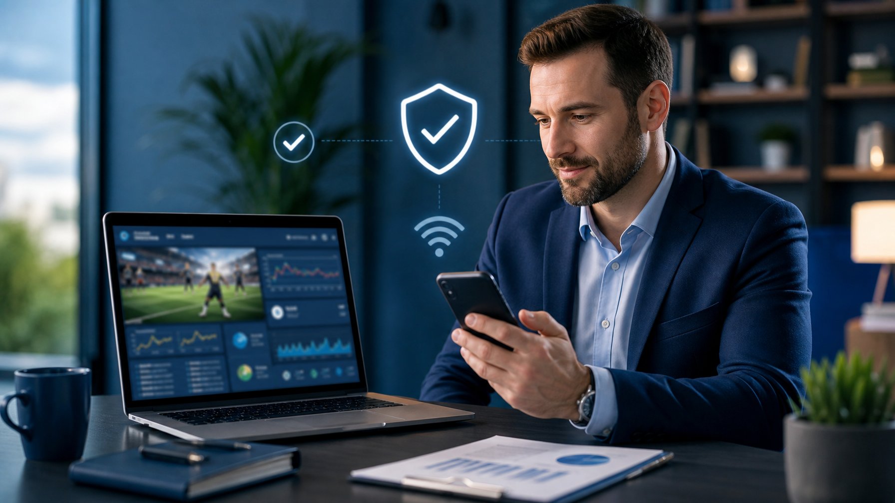 Pengguna dewasa memeriksa platform taruhan digital dengan simbol keamanan dan koneksi yang stabil di meja kerja modern.
