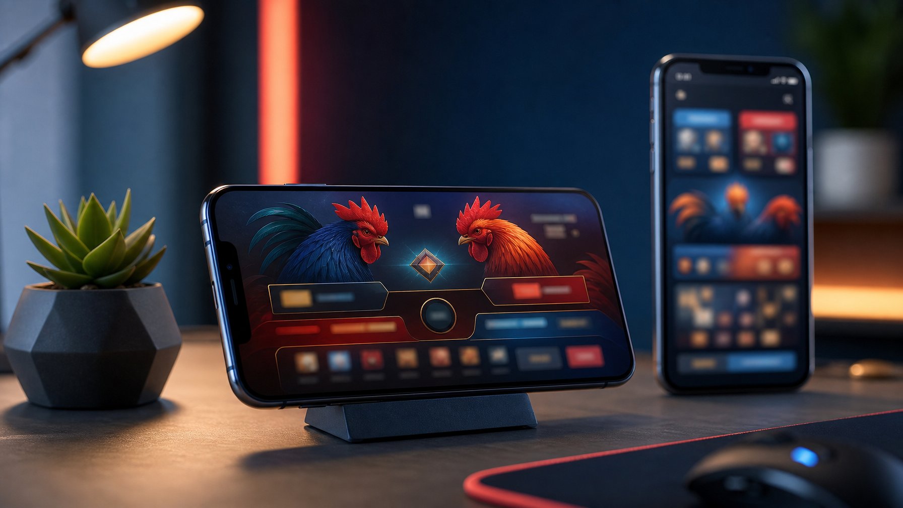 Dua ponsel pintar menampilkan antarmuka permainan digital bertema ayam jago di atas meja modern.