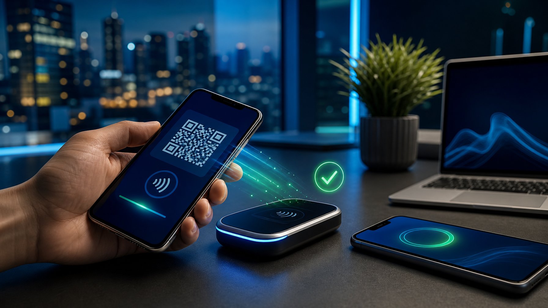 Ponsel menampilkan pembayaran digital dengan simbol QR abstrak di samping perangkat dompet digital.
