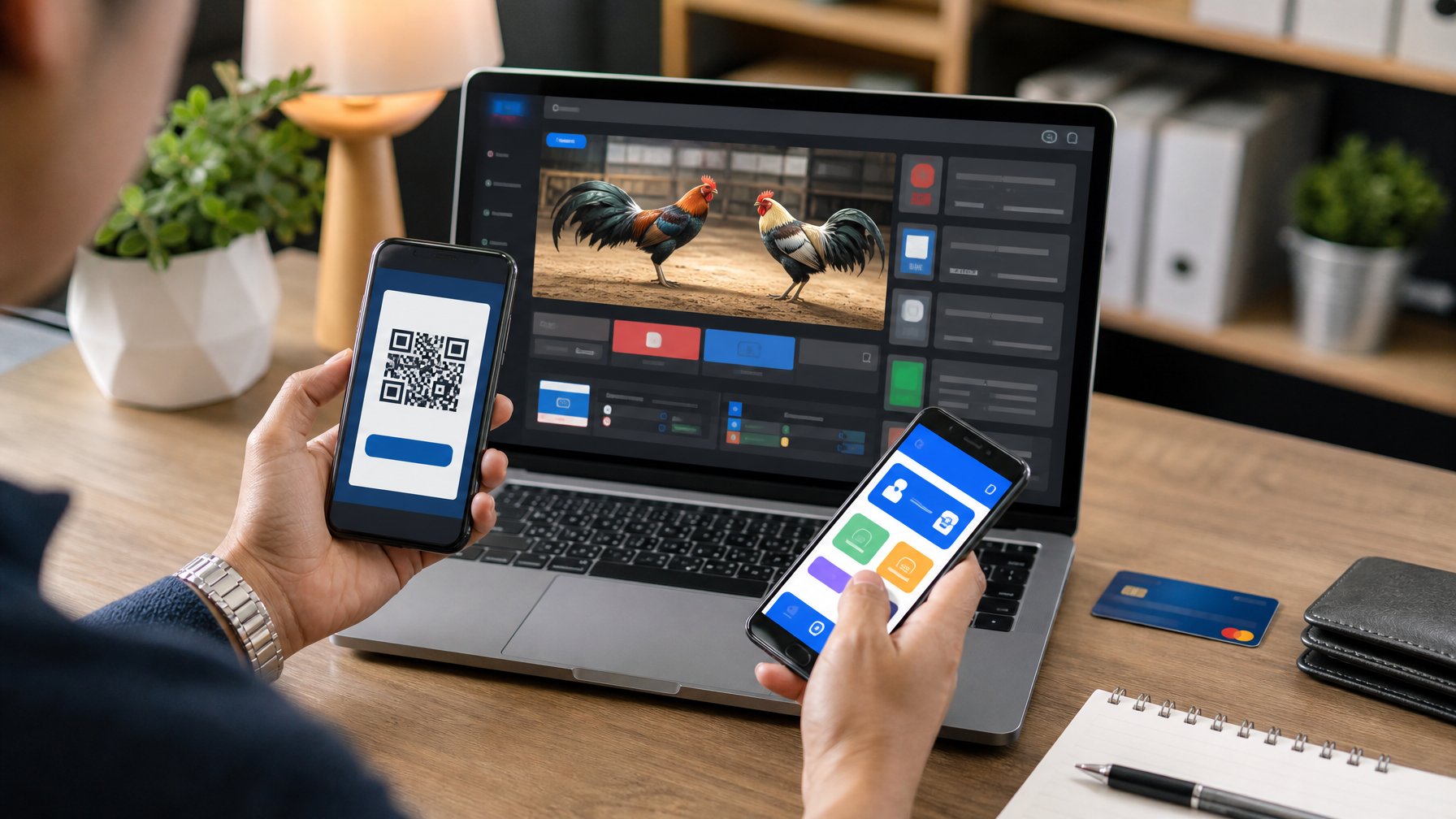 Tangan menggunakan laptop dan ponsel dengan tampilan platform digital serta pembayaran QR.