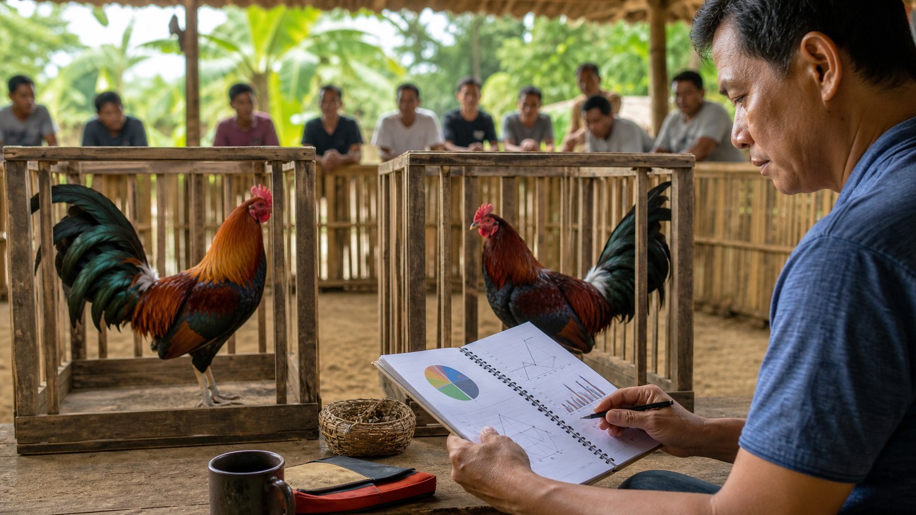 Dua ayam jantan berada di kandang terpisah sementara seorang pria mempelajari catatan analisis di arena pedesaan Filipina.