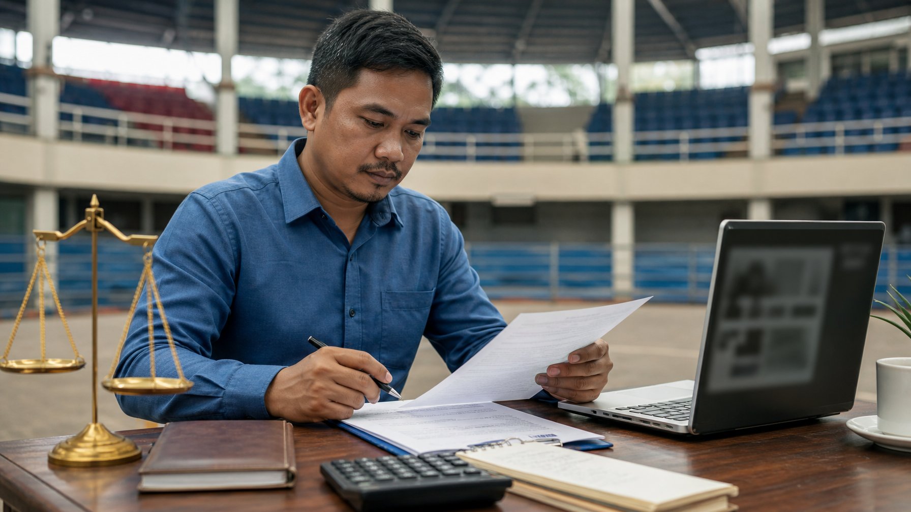 Seseorang meninjau dokumen aturan dan risiko di meja kerja dengan laptop dalam suasana netral.