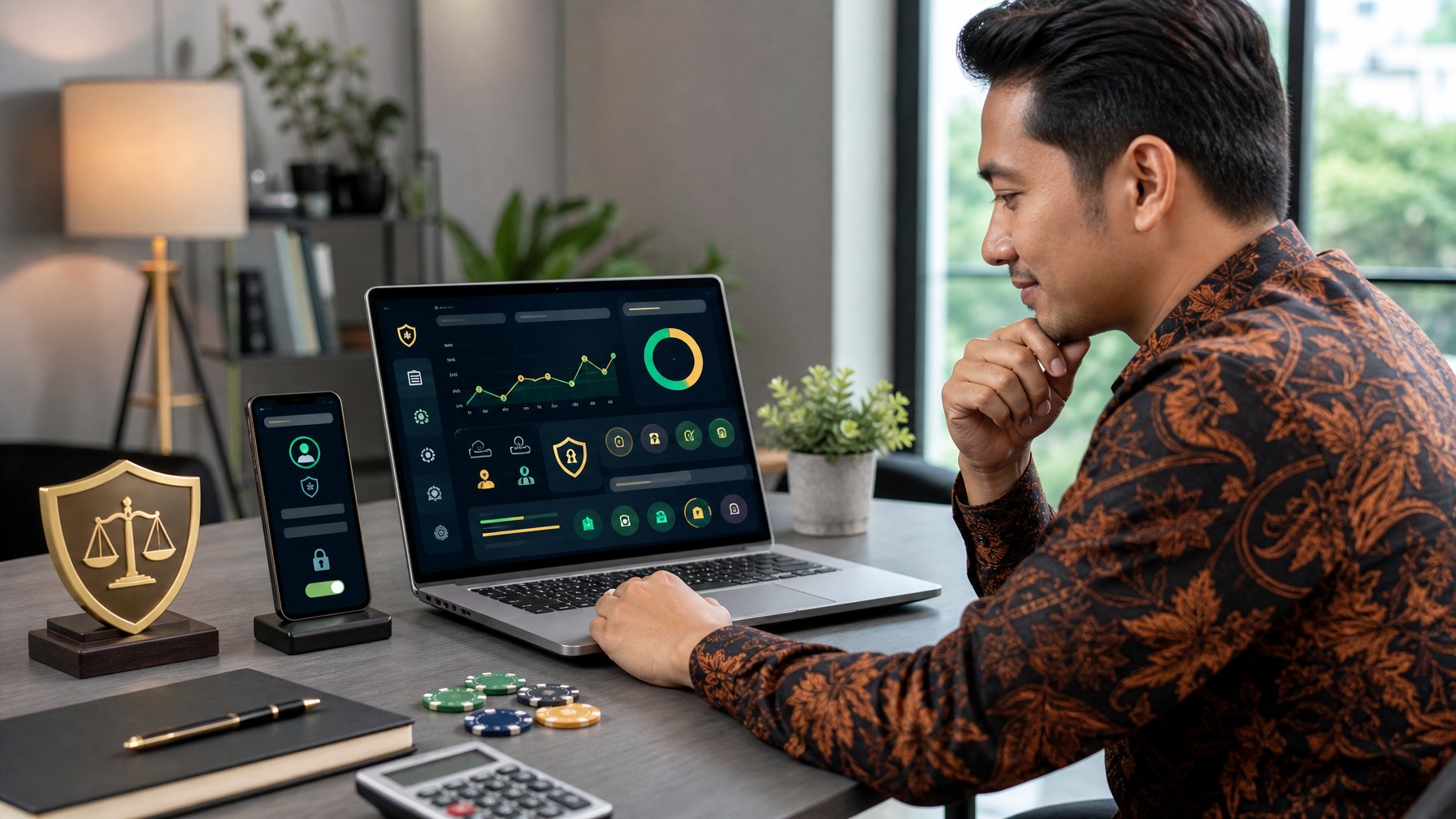 Seorang profesional memeriksa dasbor platform kasino daring yang aman di laptop dan ponsel.